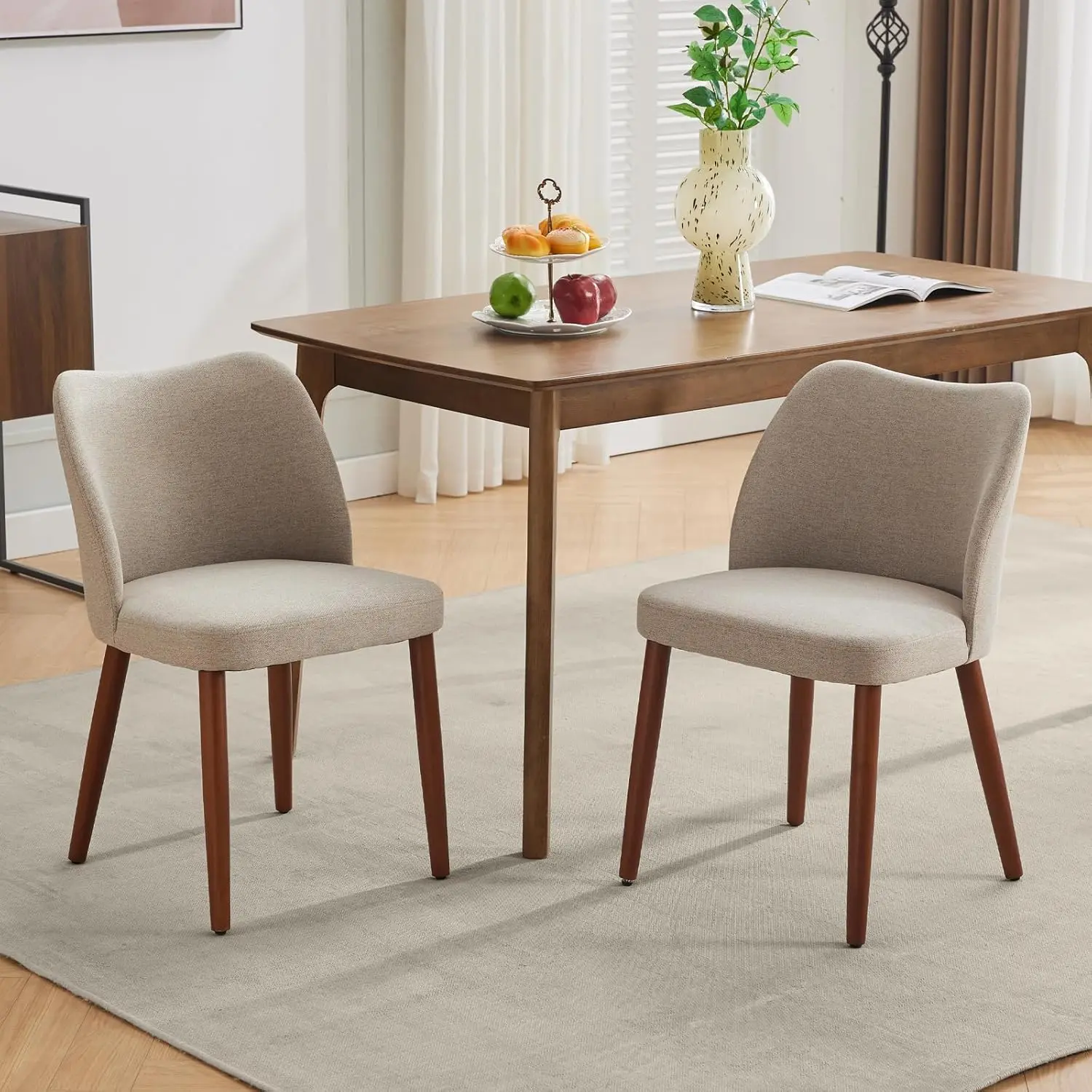 Wooden Dining Chairs Set of 2, Upholstered Dining Room Chair, Modern Fabric Farmhouse Dinner Chair with Wood Legs for Restaurant & Kitchen
