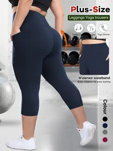 Women's Plus Size High Waisted Elastic Sports Pants, Side Pockets, Abdominal Control, High Stretch, Soft Fabric, Casual Gym Wear