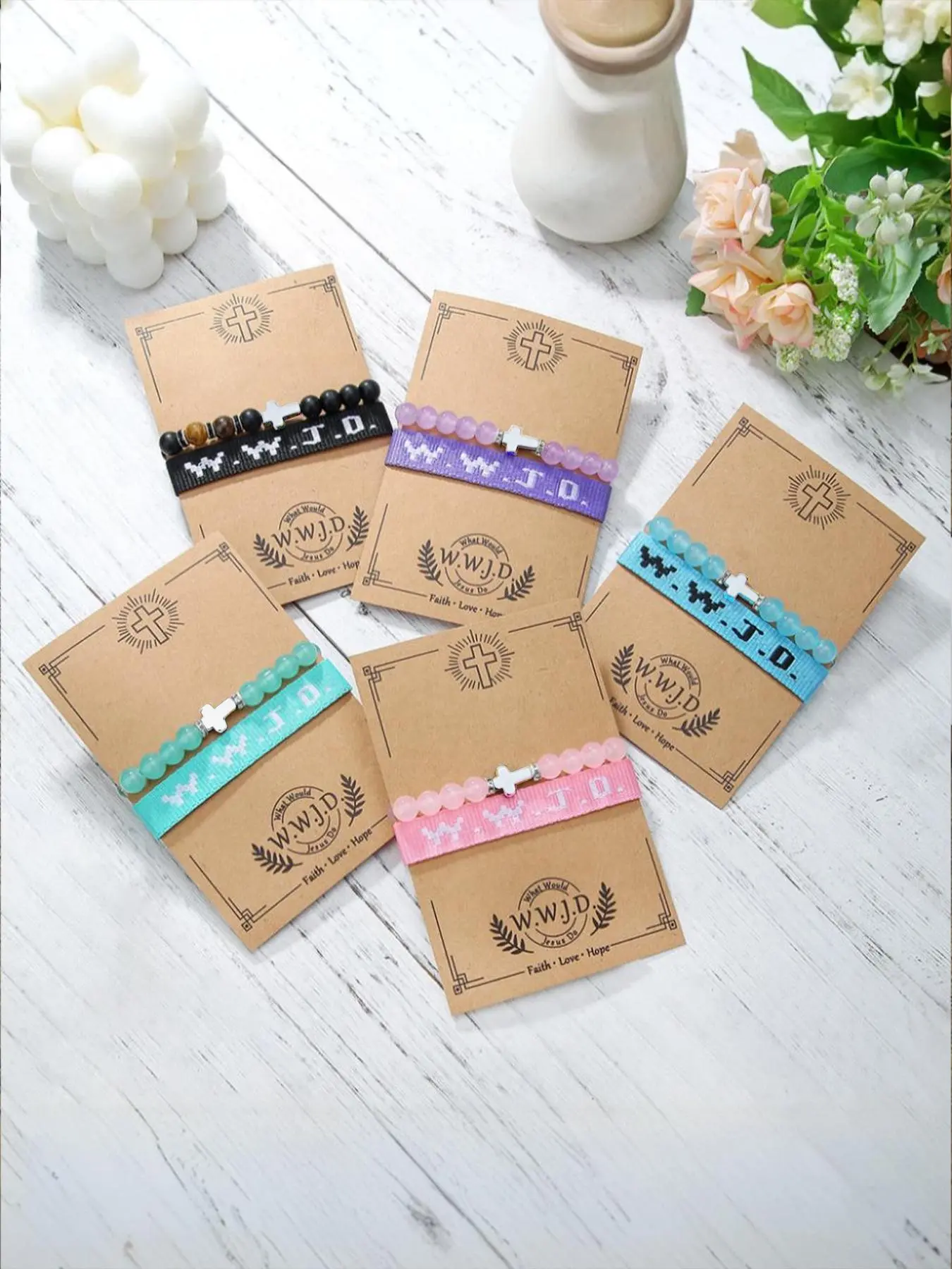 The WWJD letter bracelet+turquoise cross faith bracelet 2-piece set Exquisite Trendy High Quality Bracelet is suitable for daily wear, vacation dates, and other occasions, and is also a surprising and exquisite small gift