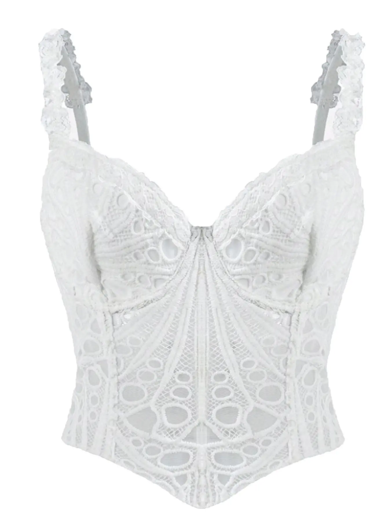 1pcs Sexy Off-The-Shoulder Lace Layered Corset Bustier Top, Hollow-Out Embroidered Bodysuit, Lingerie, Suitable For Vacation, Nightclub, Wedding Guest, Fall, Spaghetti Strap Top