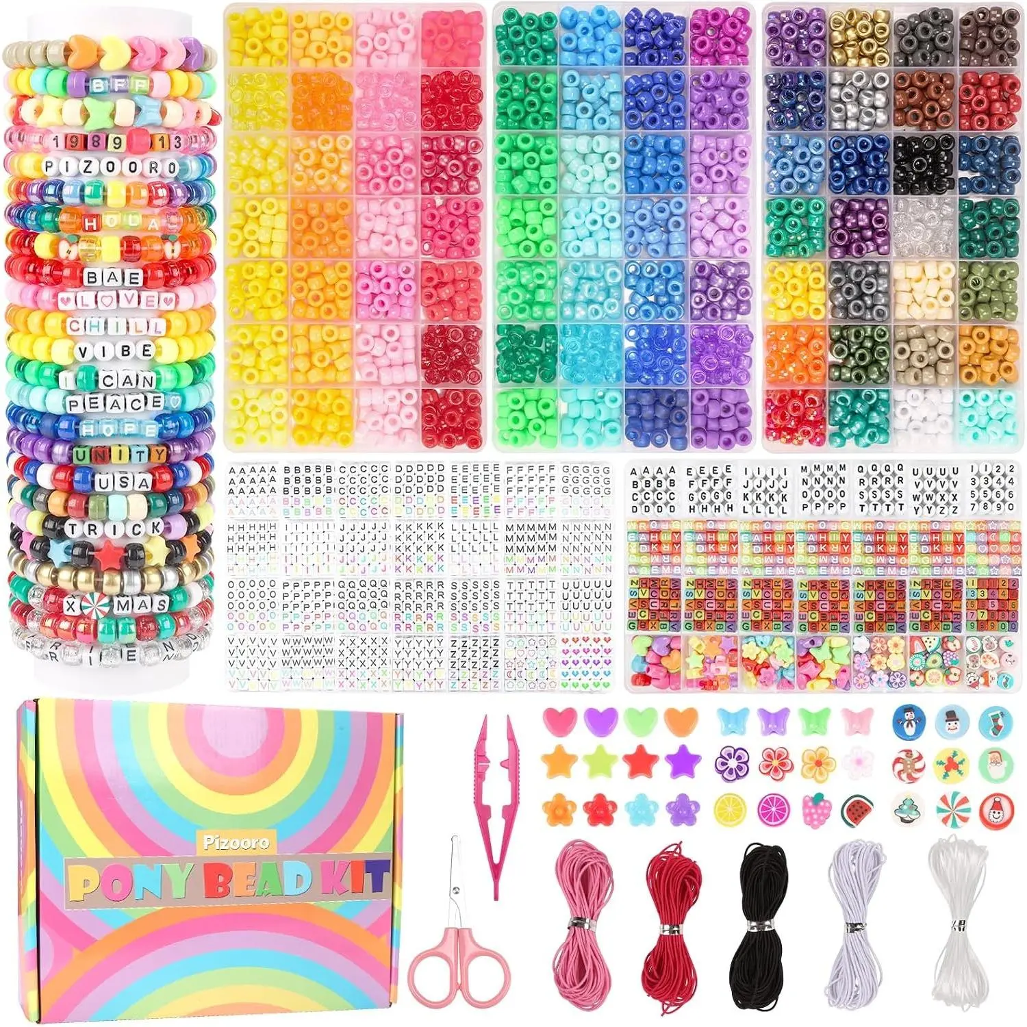 5 Boxes Pony Beads Bracelet Making Kit,3700 Pcs Kandi Bead for Friendship Bracelets Making with Letter Beads,Shaped Beads and Strings,84 Colors Rainbow Bracelet Beads for Craft,Birthday GiftsGift