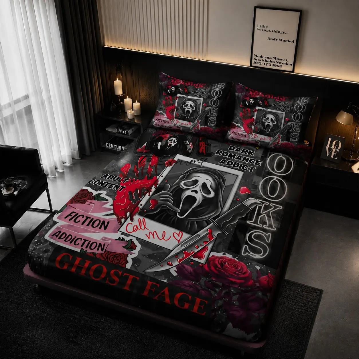 Horror Movie Theme Bed Set, Rose Bloodstain Knife Print, Ultra-Fine Fiber Bedspread with Two Pillowcases, Decorative Bedding Set, Teen Bedroom Decor