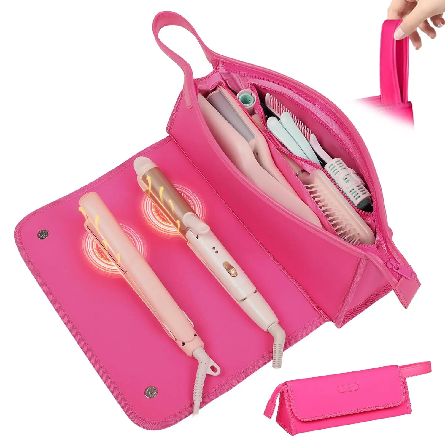 Hair Tools Travel Bag and Heat Resistant Mat, 2 in 1 Portable Organizer Hair Travel Case for Curling Iron, Hair Straightener, Flat Irons, PU Hangable Handle, Neoprene ( RoseRed)