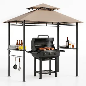 Outdoor Grill Gazebo - 8x5FT Double-Tier Heavy Duty Metal Canopy, Awning, 2 Serving Bars, 5 Hooks, Bottle Opener, Sturdy BBQ Shelter for Patio, Backyard, Deck, Khaki/Black