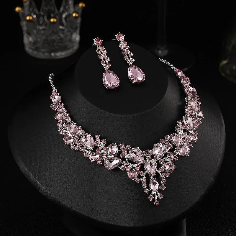 Women's 2-Piece Crystals Jewelry Set, Pink Teardrop Zirconia Bridal Necklace & Drop Earrings, Hypoallergenic Silver-Tone for Weddings, Formal Wear, Two Piece Set