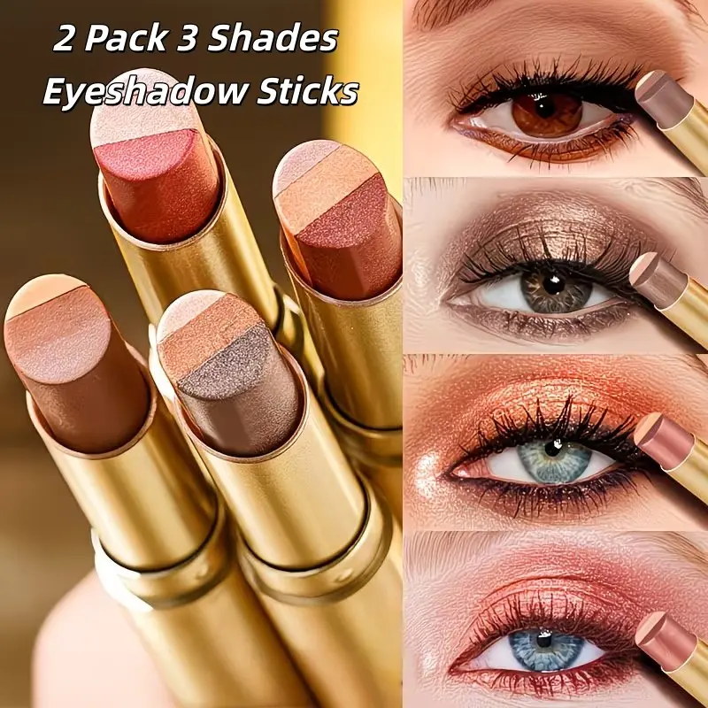 2 Pack 3 Shades Eyeshadow Sticks Waterproof Sweat Resistant Natural Beauty Highlighter Brightens Eyes Rich Pigments Suitable for All Skin Finishes Eye Makeup Stylish Metallic Case Long Lasting Cosmetics Infused With Plant Squalane