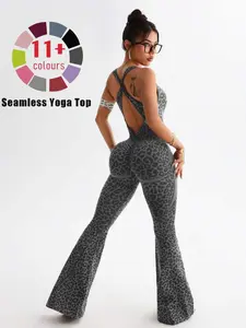 Women's High Waist Yoga Jumpsuit, Seamless Fashion Design, Cross-Back Straps, Tummy Control, Butt Lifting, Flare Leg Unitard, Workout Flare Jumpsuit