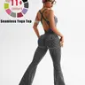 Women's Seamless Sleeveless Flare-Leg Jumpsuit, Tummy Control and Butt-Lifting Design, Criss Cross Backless Jumpsuit, Ideal for Yoga & Fitness, Workout Jumpsuits