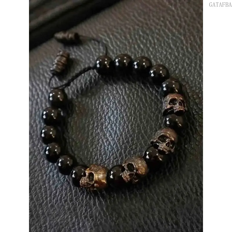 Unisex Vintage Gothic Skull Beaded Stretch Bracelet - No Specific Size, Adjustable Punk Wrist Chain for Street Party, Basic Male Figure Sports & Outdoor Apparel Complement Accessories, One Size, All Seasons