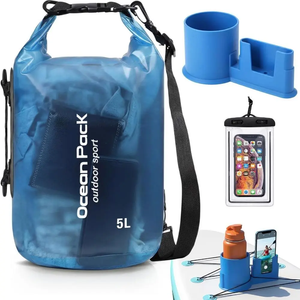 3 Pcs Paddle Board Accessories Include 5L Outdoor Waterproof Dry Bag for Women Men 2-in-1 Paddleboard Cup Holder Waterproof Phone Case Roll Top Lightweight Storage Bag for SUP Kayak Boat Boating Accessory