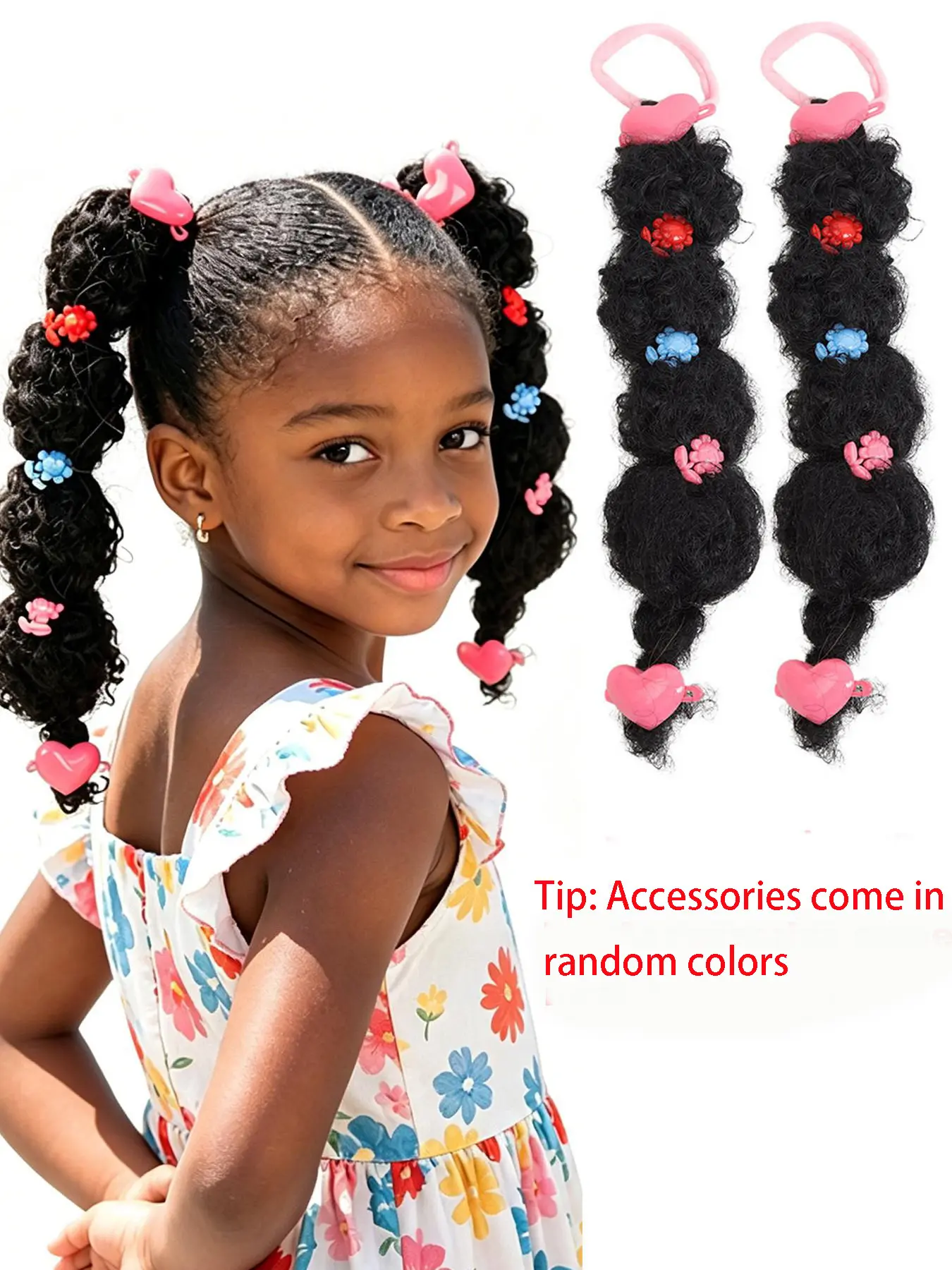 2pcs/Set African American Girls' Curly Ponytail Extensions, Cute Flower Decor, Random Color Hair Accessories for Kids Hair Style Accessory