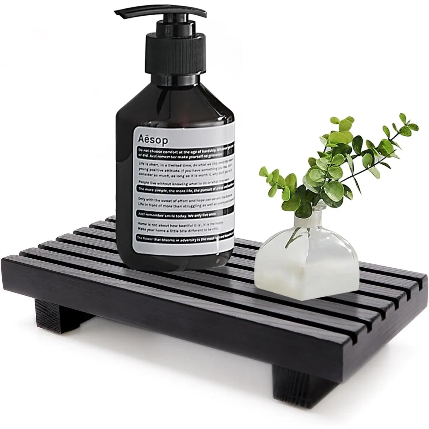 Small Black Smooth Durable Modern Waterproof Wooden Kitchen/Bath Decor Tray (8.7x4x1.6 in) - Riser Stand, Guest Bathroom Counter Organizer, Kitchen Sink Pot Holder, Synthetic Soap Dispenser Riser