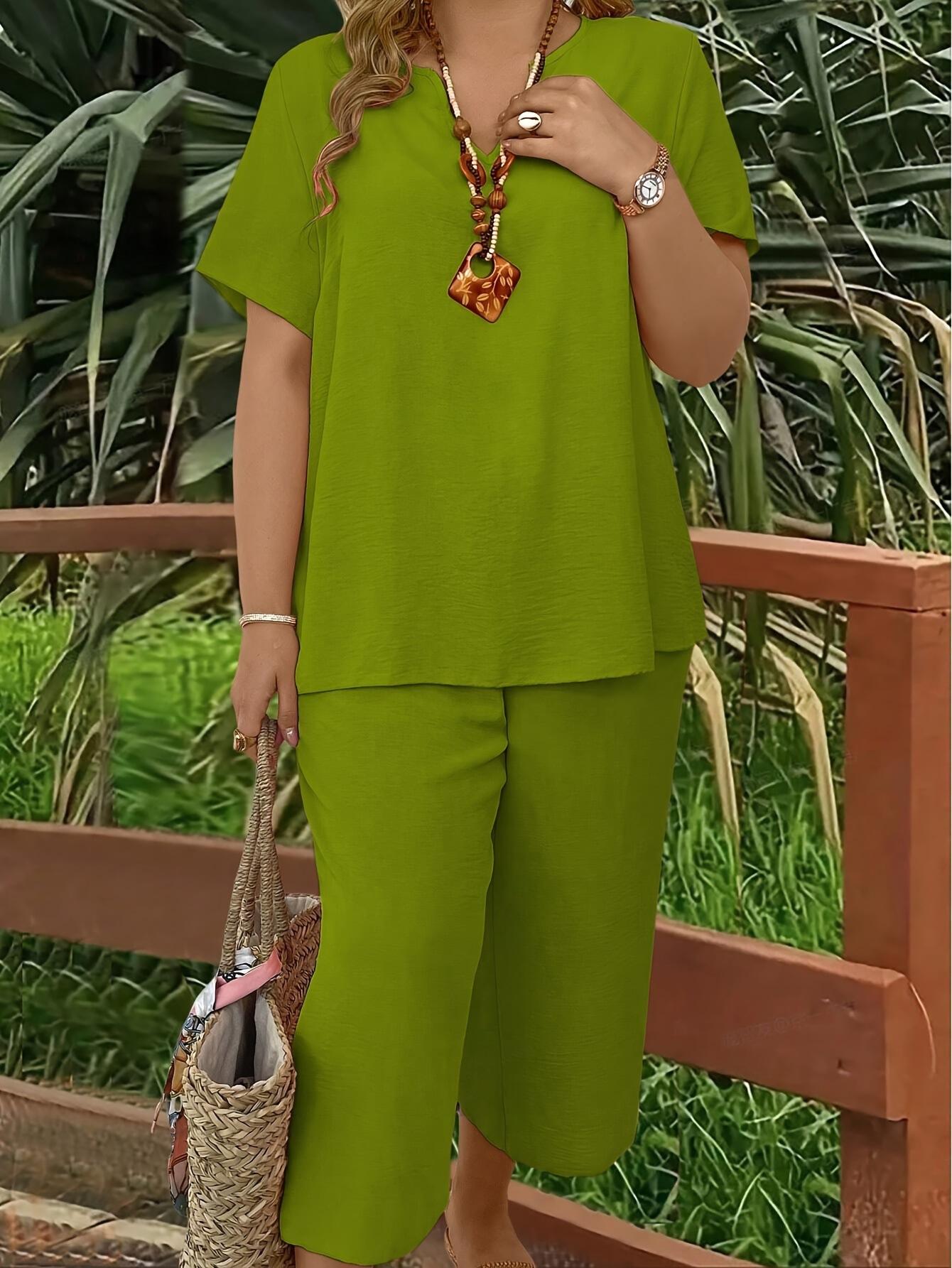 Women's Plus Size Elegant Wide Leg Pants Set - Solid Short Sleeve Casual Outfit - Mother's Day Gift Women's Plus Size Elegant Wide Leg Pants Set - Solid Short Sleeve Casual Outfit - Mother's Day Gift