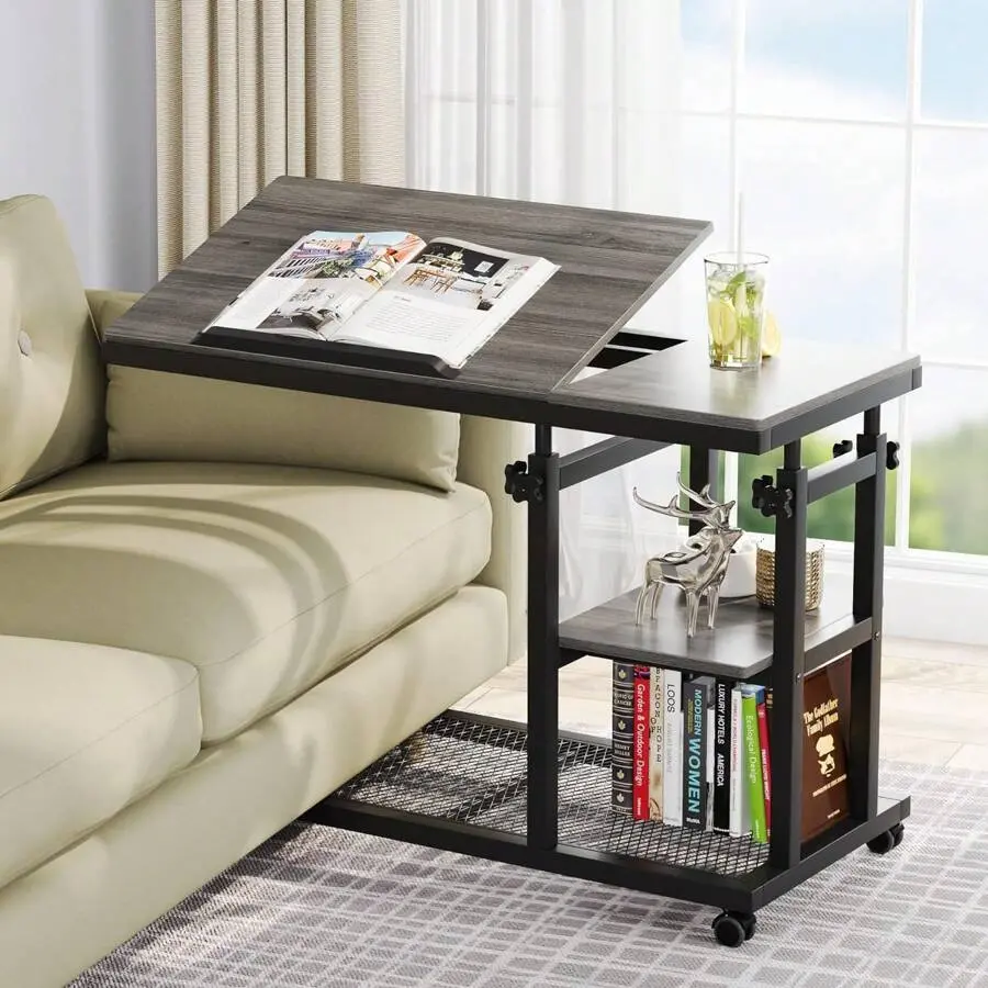 Height Adjustable C Table With Wheels, Mobile Couch Side Table With Tiltable Drawing Board, Sofa Bedside Stand C Shaped TV Tray With Storage Shelves