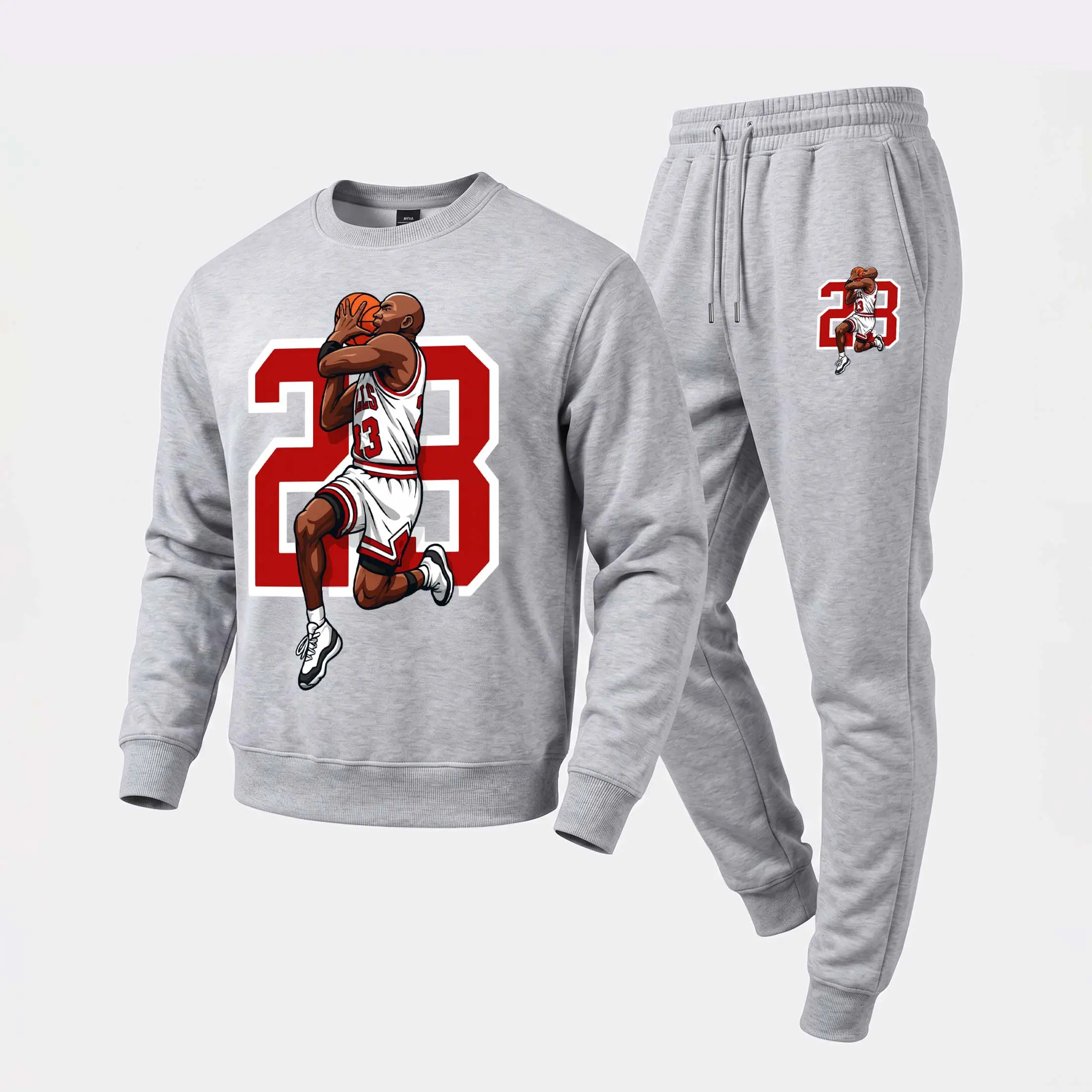Men's 23 Basketball Graphic Crewneck Sweatshirt and Jogger Pants Set, Casual Long Sleeve Pullover with Drawstring Sweatpants, Fall Winter Tracksuit for Daily Wear, Travel, Lounge, Workout and Indoor Outdoor Activities