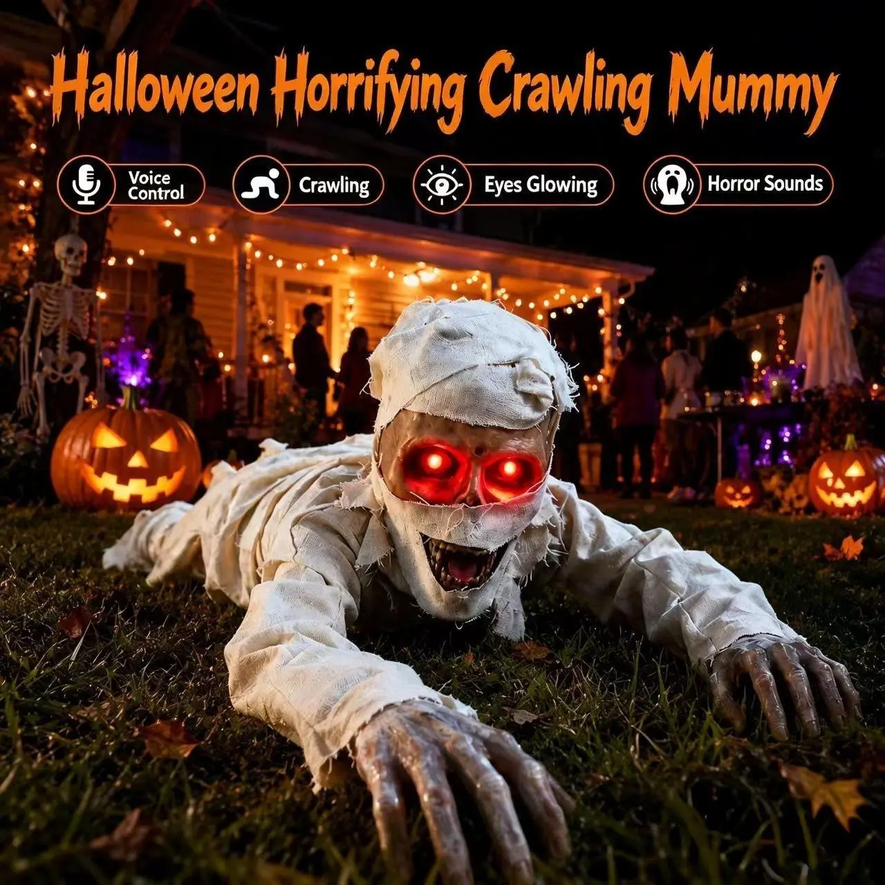 Halloween Crawling Mummy with Glowing Eyes, Terrifying Sound, Voice-Controlled, Electric Crawling, Battery Powered Ornament, Perfect for Halloween Decorations