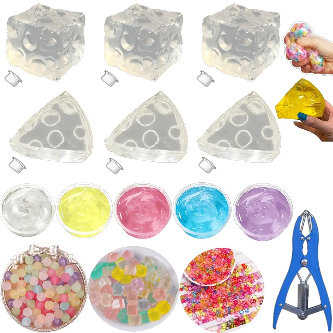 DIY Stress Ball Making Kit, Includes 3 Packs of Filler, 6 Transparent Cheese Shape Skins, 5 Slime Boxes, Expansion Tool, Adult Relaxation