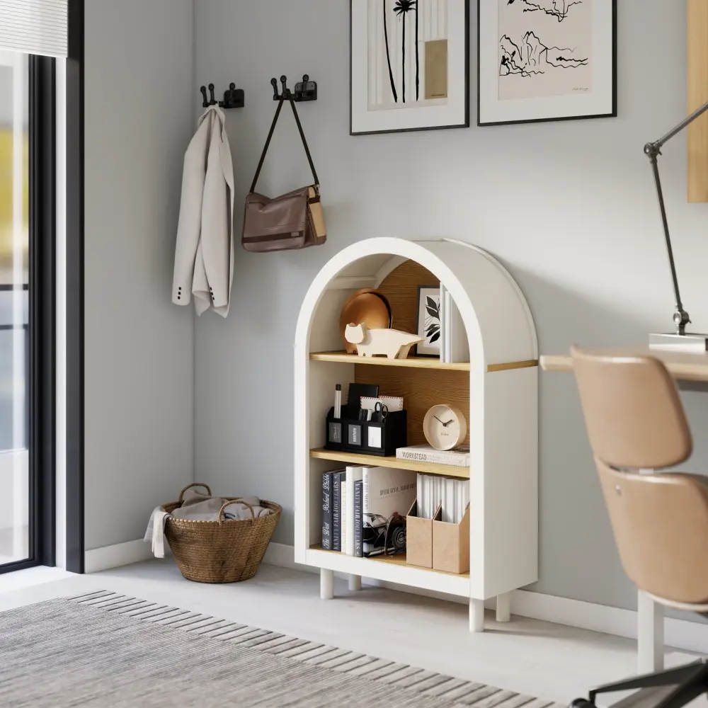 Littleox Arched Small Bookcase,Arched Storage Cabinet,Wooden Modern Arched Top Bookshelf with 3 Shelves,White with Woodgrain Shelves, 3-Tier Storage Shelf for Living Room, Bedroom, Entryway