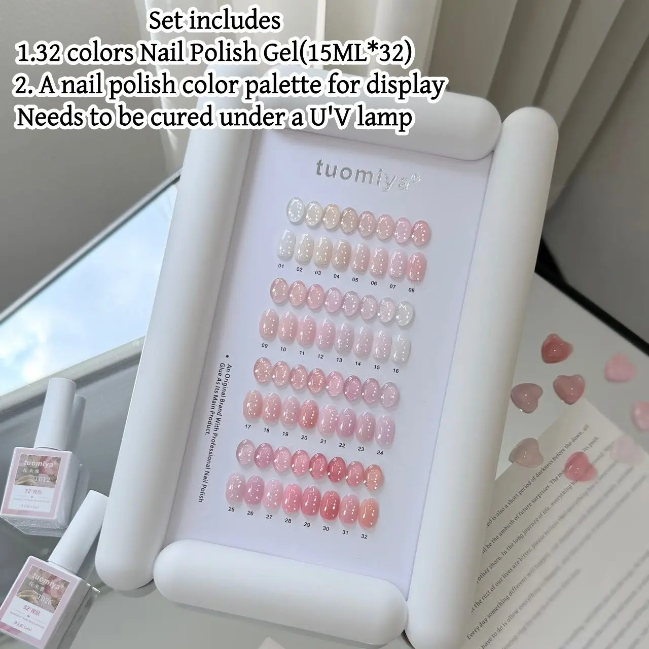 32-Color Nude Nail Art Gel Set, Transparent Series, Includes Color Palette for Nail Design Display