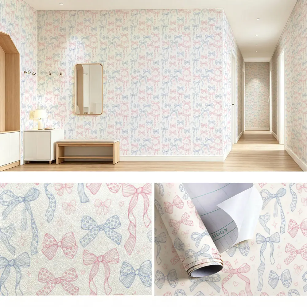 Multicolor Bowknot PVC Wallpaper, Self Adhesive Waterproof Wall Paper, Dreamy Girly Bedroom Wall Renovation