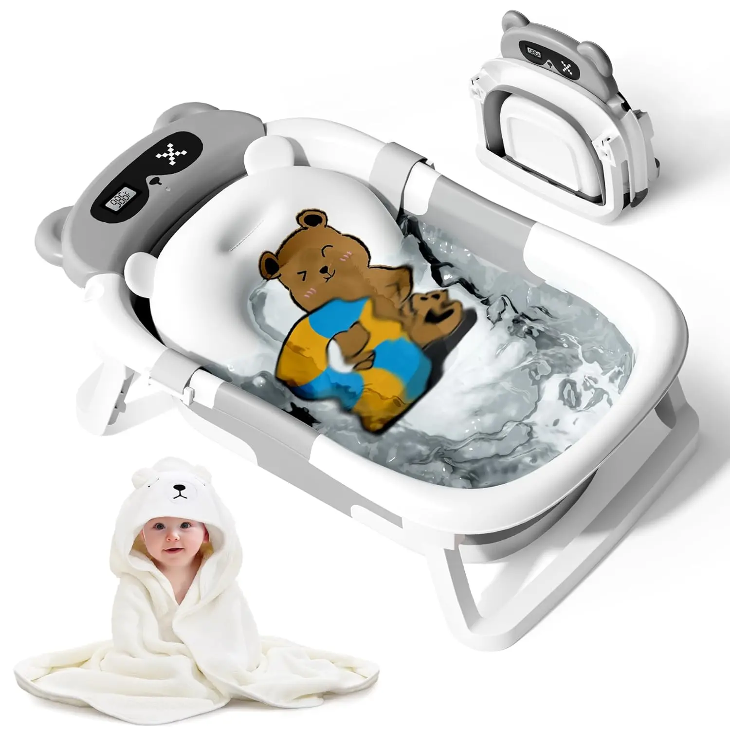 Folding Bear-Shaped Baby Bathtub for Newborns to Toddlers (0-18 Months), Safe & Cozy Portable Tub with Color-Changing Temperature Stopper, Cushion & Towel Included, Folding Design, Foldable, Compact, Soft Towel, Collapsible Baby Bathtub
