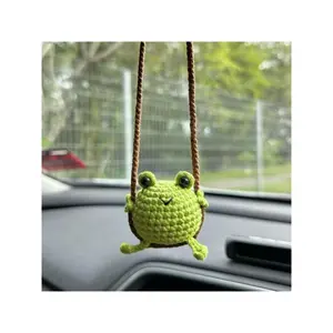 1Pc Mini Adorable Crochet Frog Swing Ornament Handmade Green Smiling Frog with Braided Rope for Car & Home Decor Gifts 1.77inch