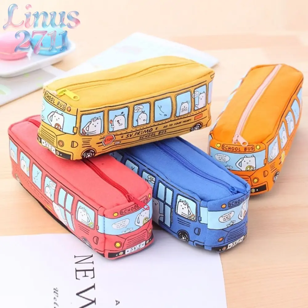 3D Cartoon School Bus Canvas Pencil Case Cute Animal Print Zipper Pen Bag Large Capacity Student Kids Back To School Stationery Storage Gift