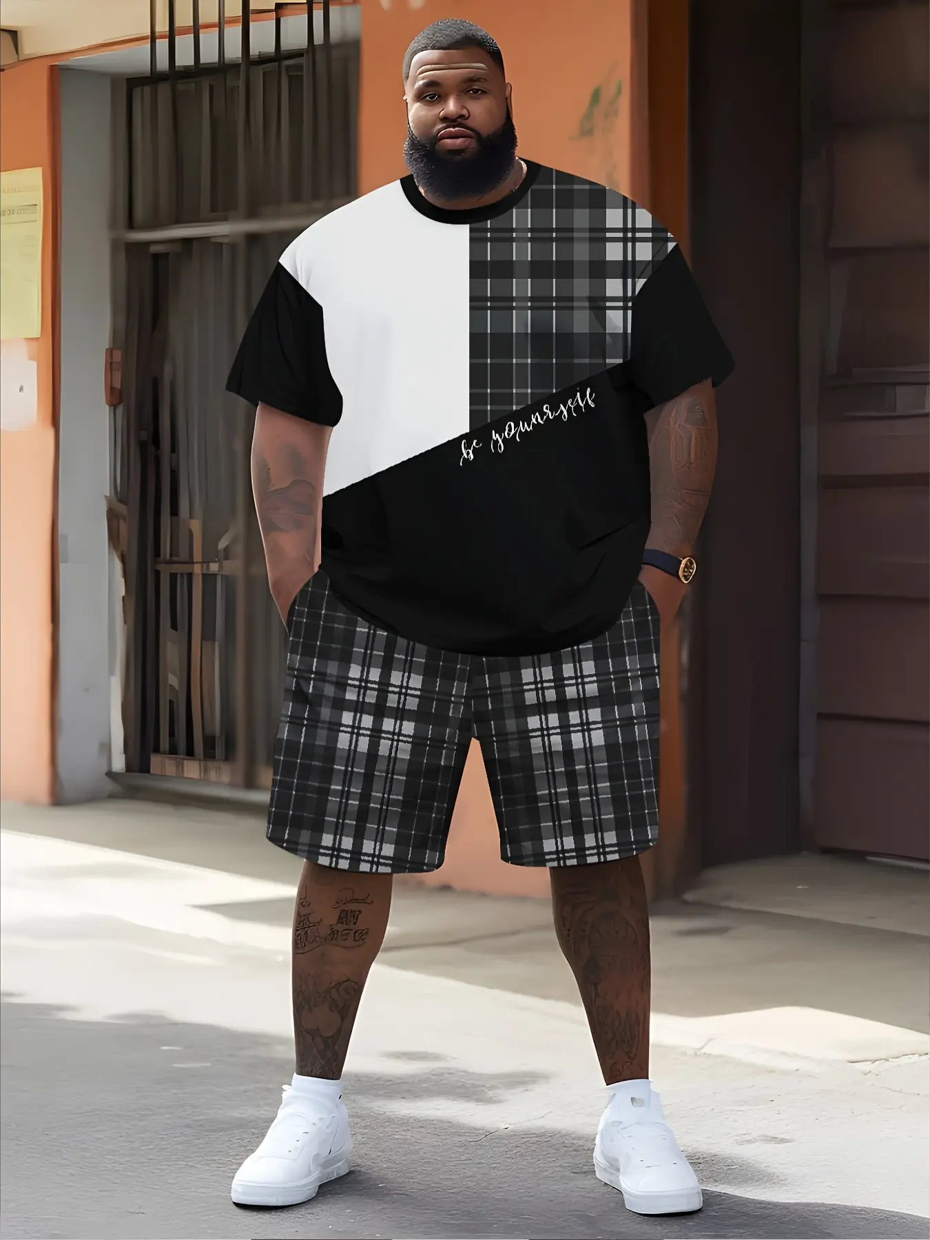 3D Digital Print Plus Size Men's Short Sleeve Shorts Drawstring Set, Sport Casual Set, Sporty, Loose-Fitting, Random Print, Plus Size