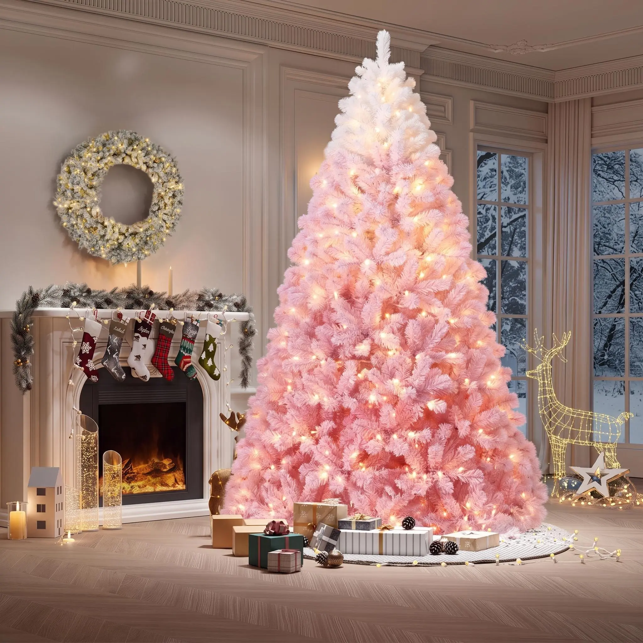 Pre-Lit Pink Gradient Christmas Tree - Snow Flocked Artificial Design - RGB & Warm White Lights - Collapsible Base - Versatile Indoor Outdoor Holiday Decoration - 6FT/7.5FT/9FT