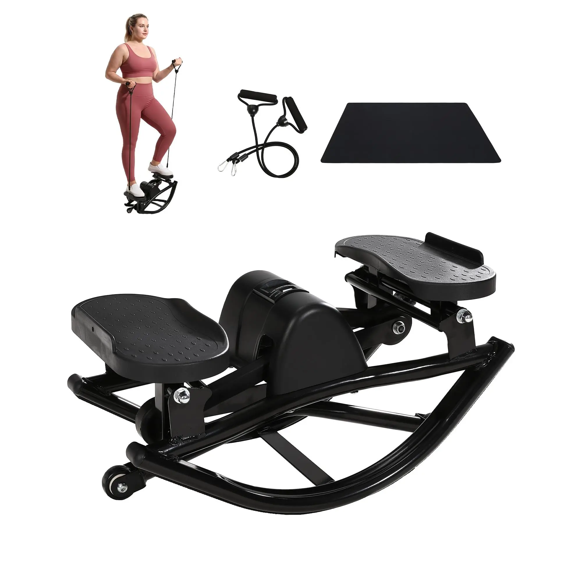 Dual-Motion Mini Stepper with Resistance Bands - Heavy Duty 350 lbs Capacity - Low Impact U-Shape Cardio Machine - LCD Monitor, Non-Slip Mat, Full Body Home Workout Equipment