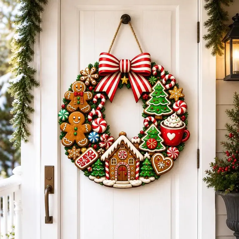 1x Gingerbread Wreath Wooden Door Hanger Sign, Candy Cane Gingerbread Man & Gingerbread House Wooden Wreath Plaque, Front Porch Christmas Wall Decor with Bow
