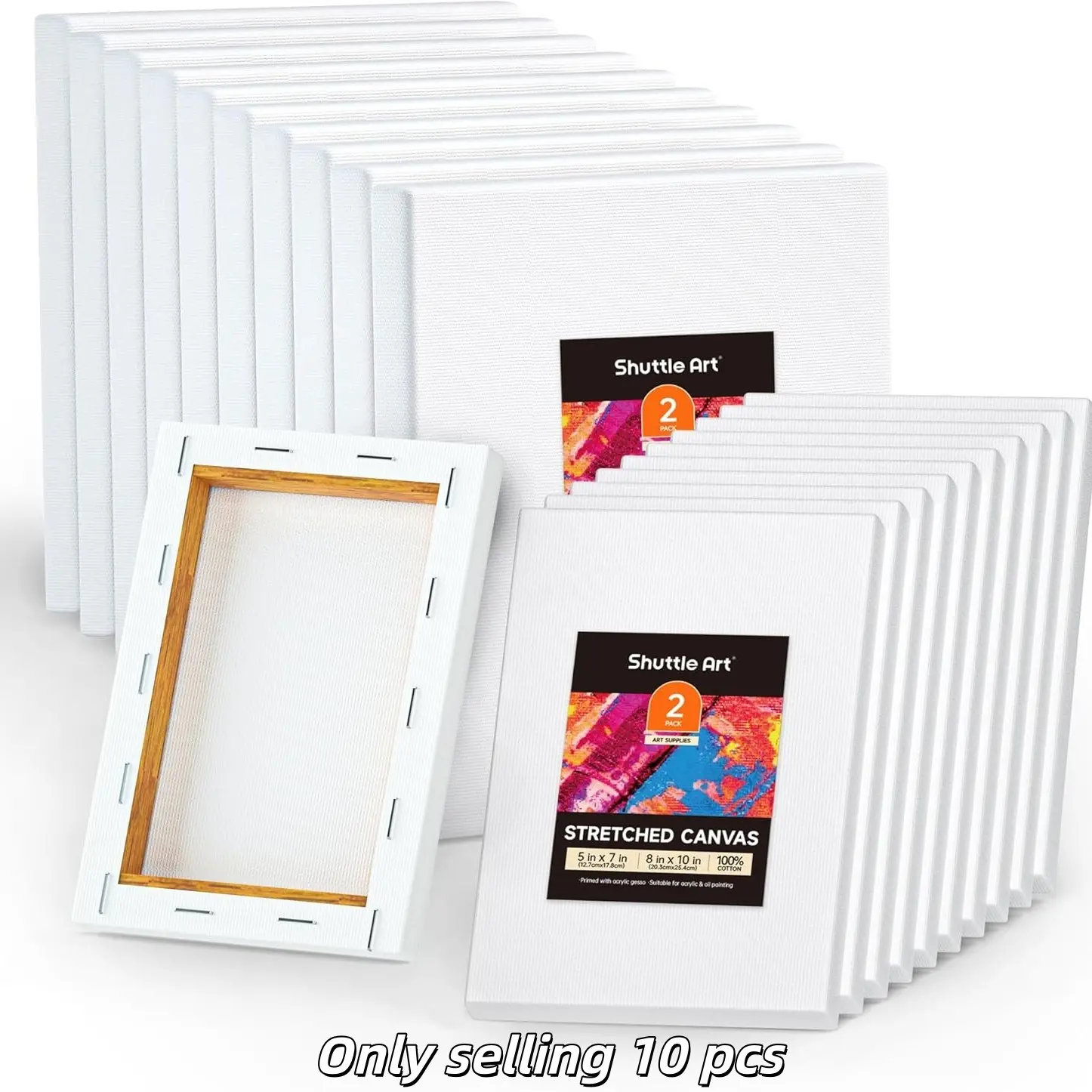 10-Pack Stretch Blank Canvas, 100% Cotton, Acid-Free, Triple Primed, Wooden Frame, Multiple Sizes, Acrylic, Watercolor, DIY Art Supplies