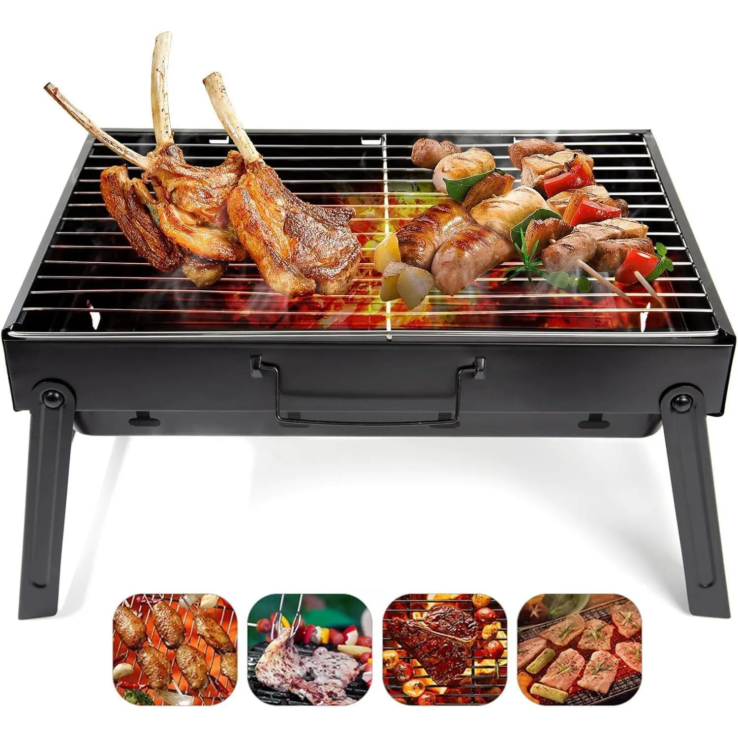 Compact Foldable Tabletop Stainless Steel Charcoal BBQ Grill - Portable with Folding Legs, Outdoor Smoker for Camping, Backyard Party, Portability Focus