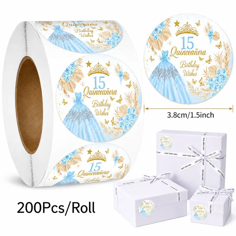 200Pcs 1.5Inch Mis Quince 15th Birthday Stickers Roll, Princess Dress Floral Quinceanera Round Labels For Party Favors, Sweet 15 Gift Wrapping, Thank You Envelope Sealing, Invitation Decor, Circle Stickers