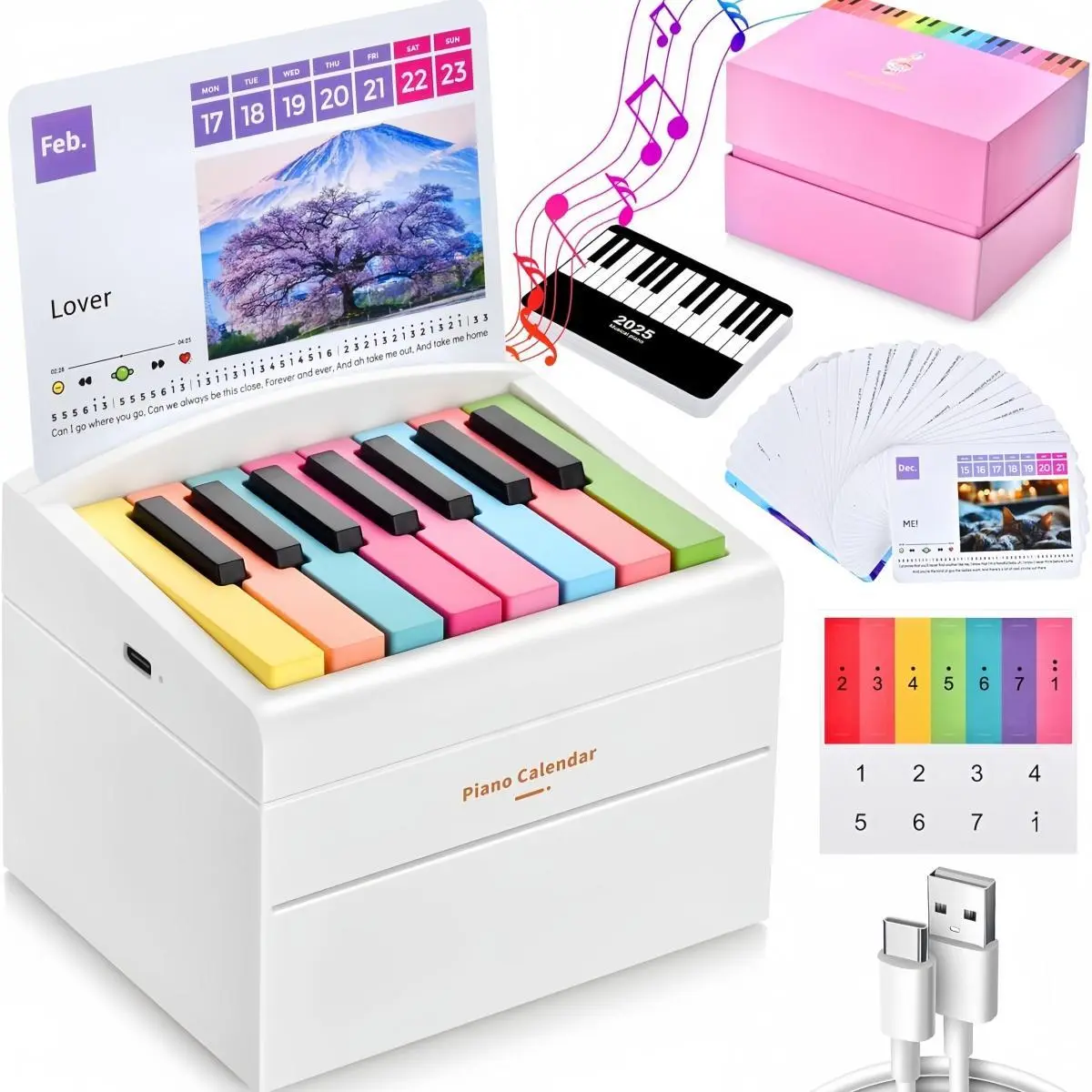 Mini Piano Desktop Stationery Set - 52 Sheet Music Cards, 2025 Music Calendar, 28 Reusable Notes, Ideal Mother's Day Gift for Piano Lovers