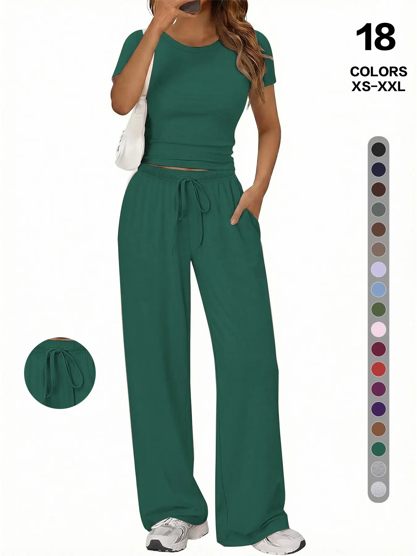 Game Night Ready! Women's Solid Color Slim Tee & Drawstring Wide-Leg Pants Set, Comfy Two-Piece Loungewear for Match Day & Travel Adjustable Nightwear
