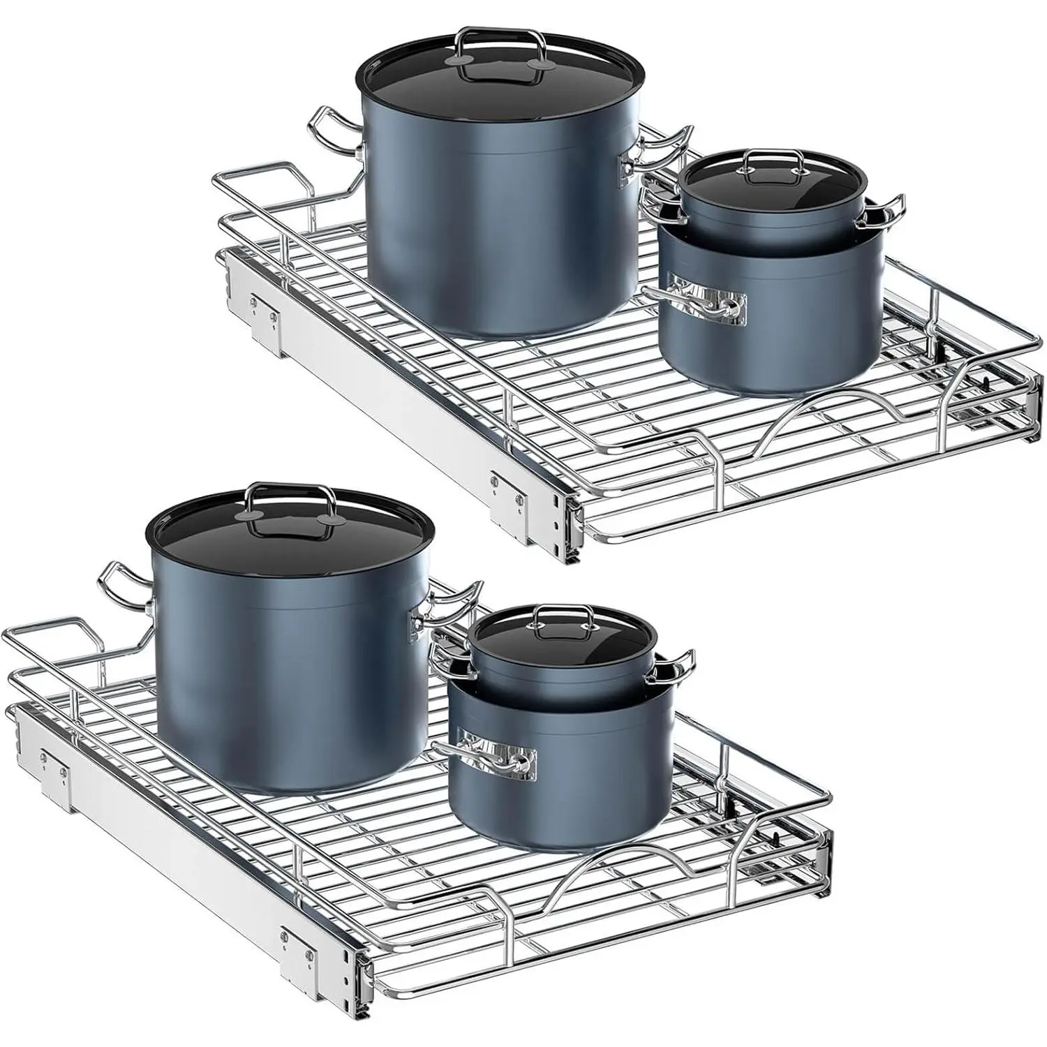 Pull Out Cabinet Organizer 2 Pack (12" W x 21" D), Pull out Shelves 1 Tier, Cabinet Slide Out Shelves for Base Cabinet Organization in Kitchen Bathroom Pantry, Bottom Mount, Chrome Finish