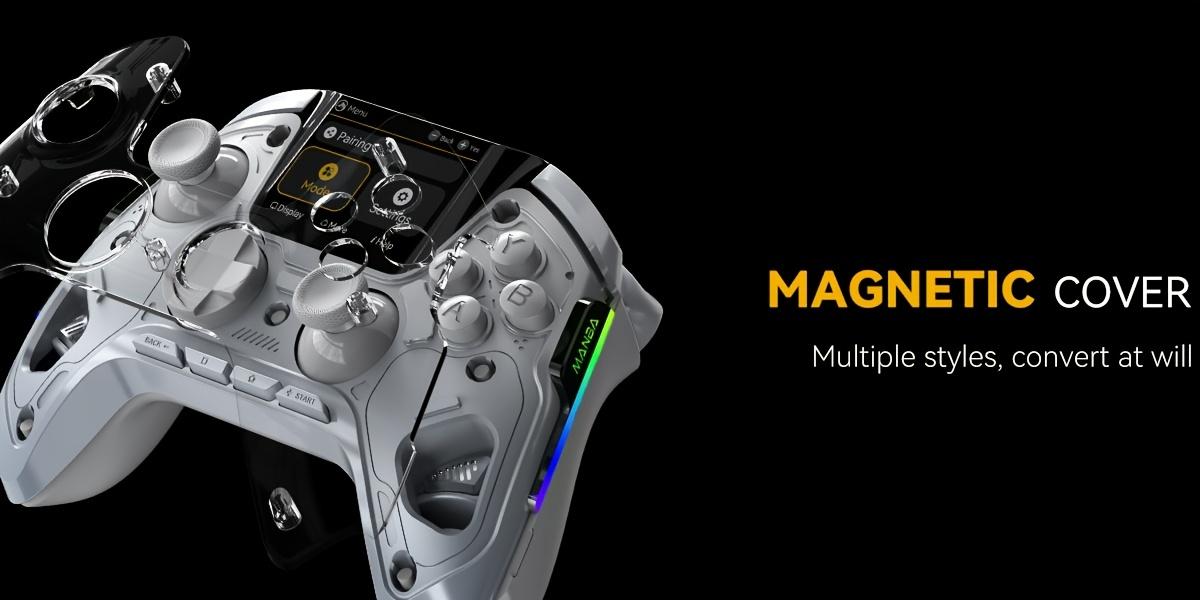 Interactive Screen Wireless Game Controller for PC/Switch/iOS/Android/Steam Deck, Hall Effect Joystick and Triggers, RGB Lighting, Remappable Buttons, 1800mAh with Charging Dock - V2/White (Non-Drifting). Not Compatible with Xbox, PS5 Console controller