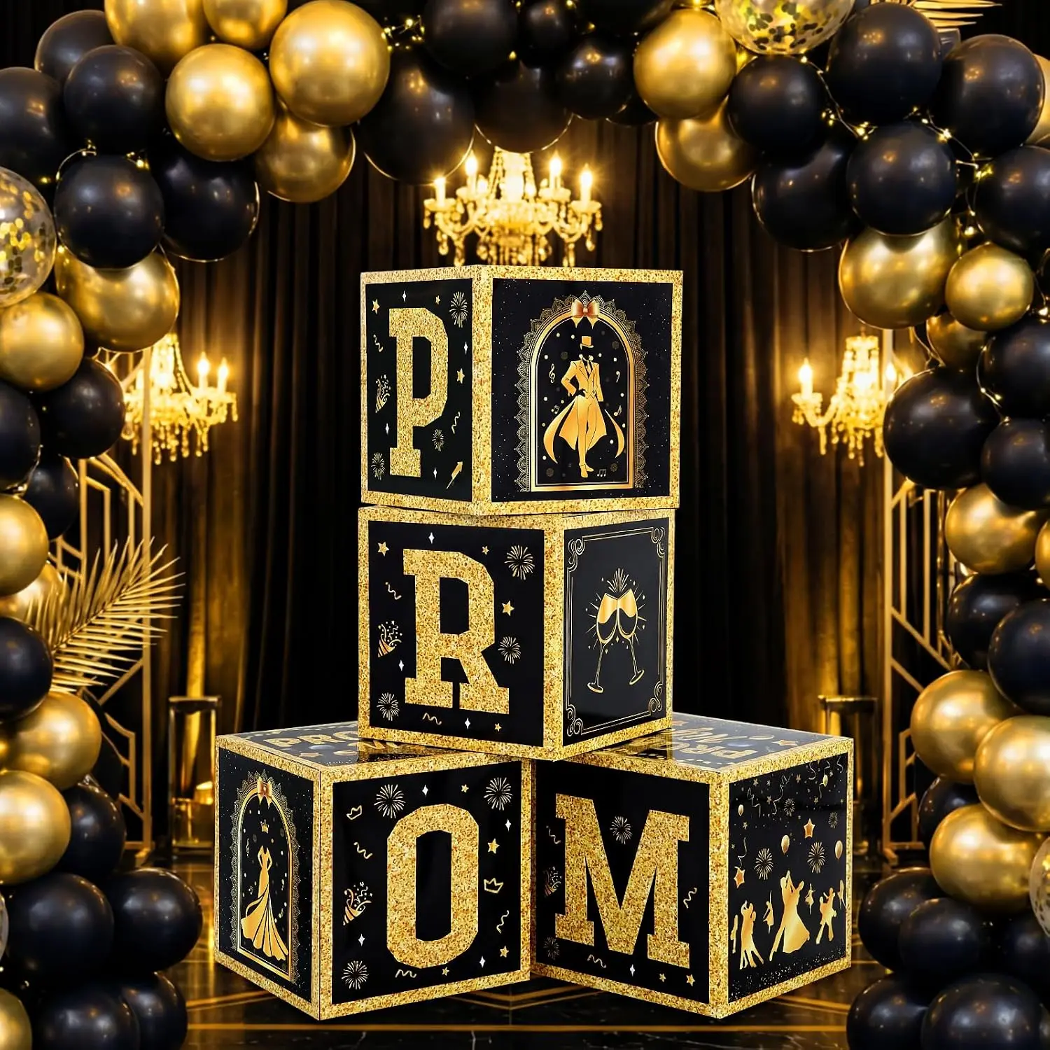 4 count Prom Decorations Boxes, Prom Night Glitter Balloon Boxes, Grad Box with Letter for Elegant Photo Booth & Party Decor, Formal Events, Graduations Senior Night Decor()