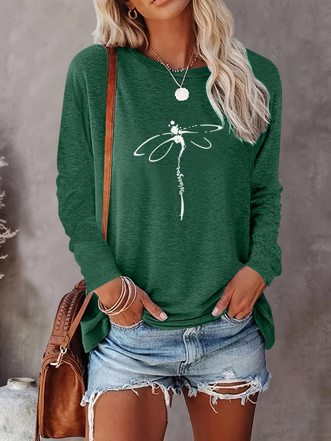 Women's Dragonfly Print Round Neck Tee, Casual Comfort Womenswear Long Sleeve Crew Neck T-shirts for Summer, Fashion Women's Top for Daily Wear