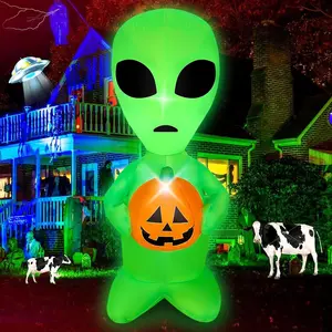 4FT Halloween Inflatable Alien, LED Lighted Blow Up Alien with Pumpkin Decor, Halloween Party Indoor Outdoor Lawn Garden Yard Decor