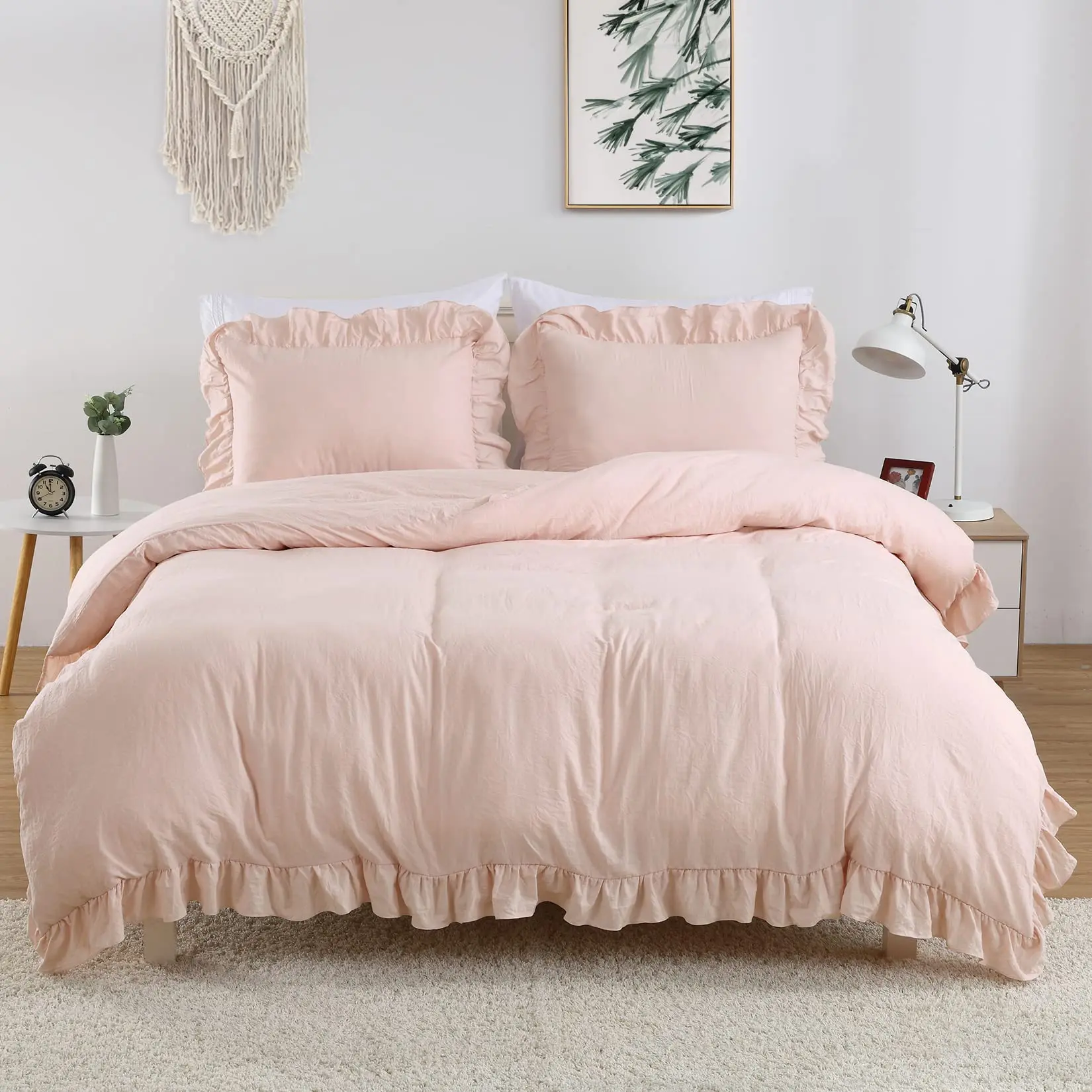 GARVEEPink Ruffled 3-Piece Duvet Cover Set, Washed Soft Microfiber, Classic Style, Queen Size Bed, Pink, 90 x 90 Inches