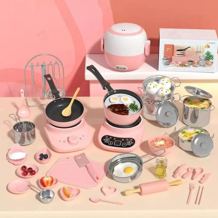 Children's Real Cooking Mini Kitchen Toy Set - 22 PCS with Chopsticks, Apron, Ladle, Pink & Blue Options