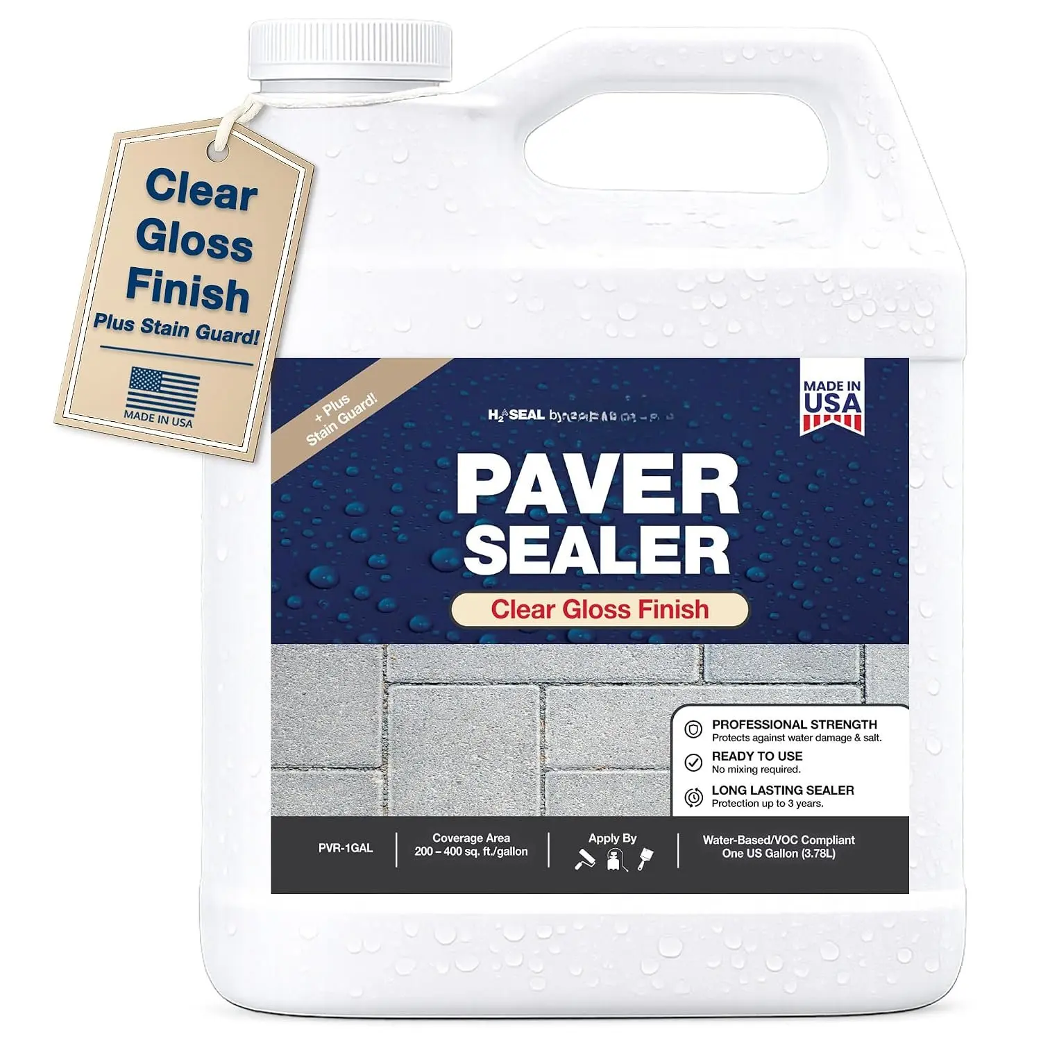 Concrete Stone Paver Sealer (Clear Gloss Finish) Water-Based Penetrating Commercial Grade  Stone Sealer -  Protection for Outdoor Pavers & Patio Surfaces (1 Gallon) PVR