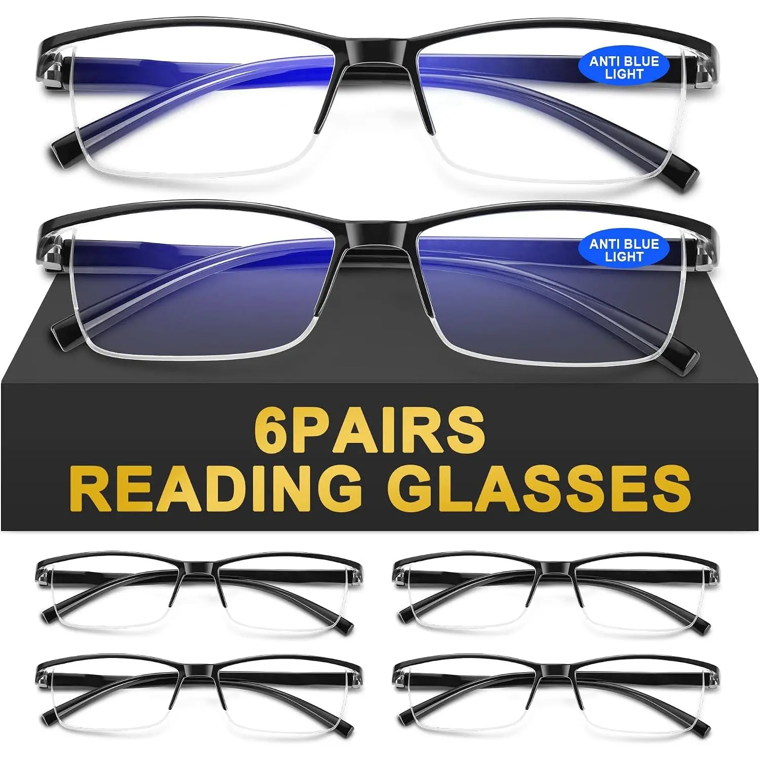 6Pack Reading Glasses Men, Spring Hinge Blue Light Blocking Readers, Lightweight TR90  Magnifying Eyeglasses