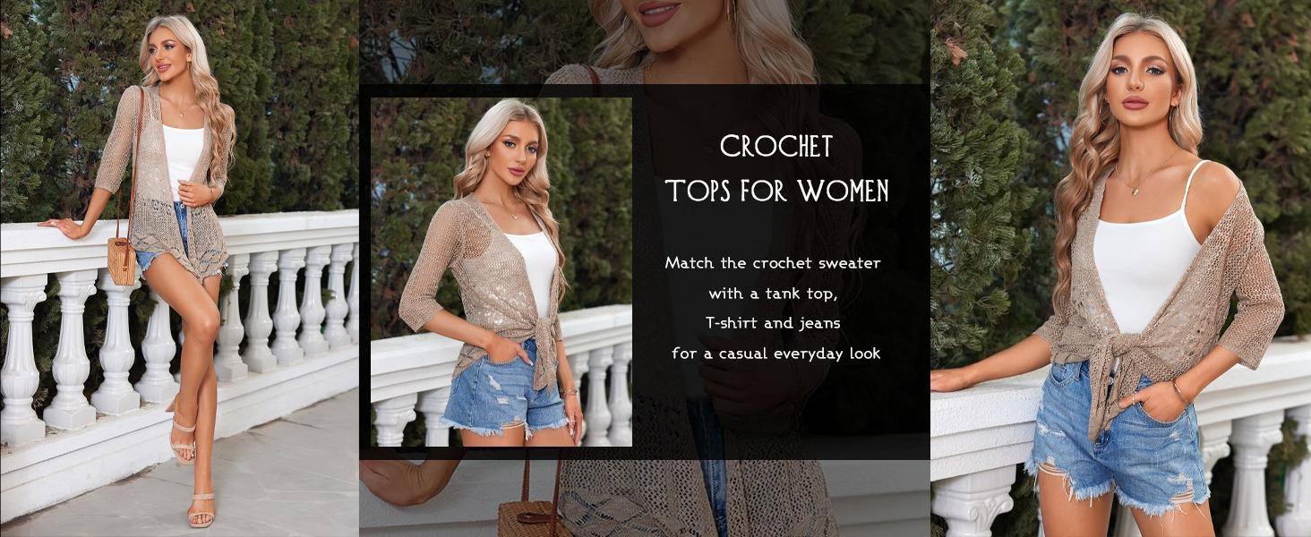 Saodimallsu Womens Sheer Shrug Sweaters 3/4 Sleeve Open Front Tie Cardigan Bolero Jacket Lightweight Crochet Knit Cover Up Tops