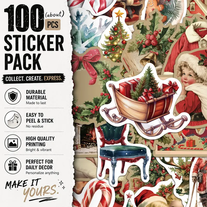 100PCS Retro Christmas Aesthetic Vinyl Stickers Pack for Laptop Water Bottle Phone Case Skateboard Journal Scrapbook DIY Decoration