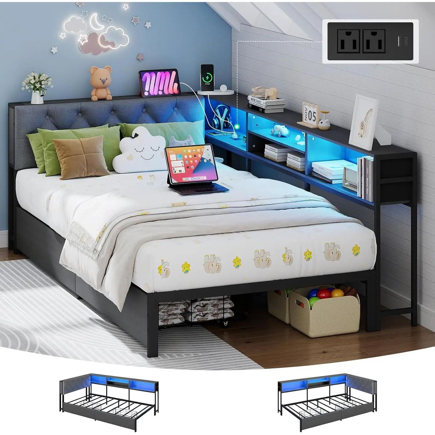 Corner Bed Frame Twin Size with Storage Bookcase and Headboard, Platform Corner Bed with LED Lights and Charging Station, Twin Size Daybed with Storage Drawers for Kids Teens Guests, Dark Gray 81"L x 49.2"W x 30"H