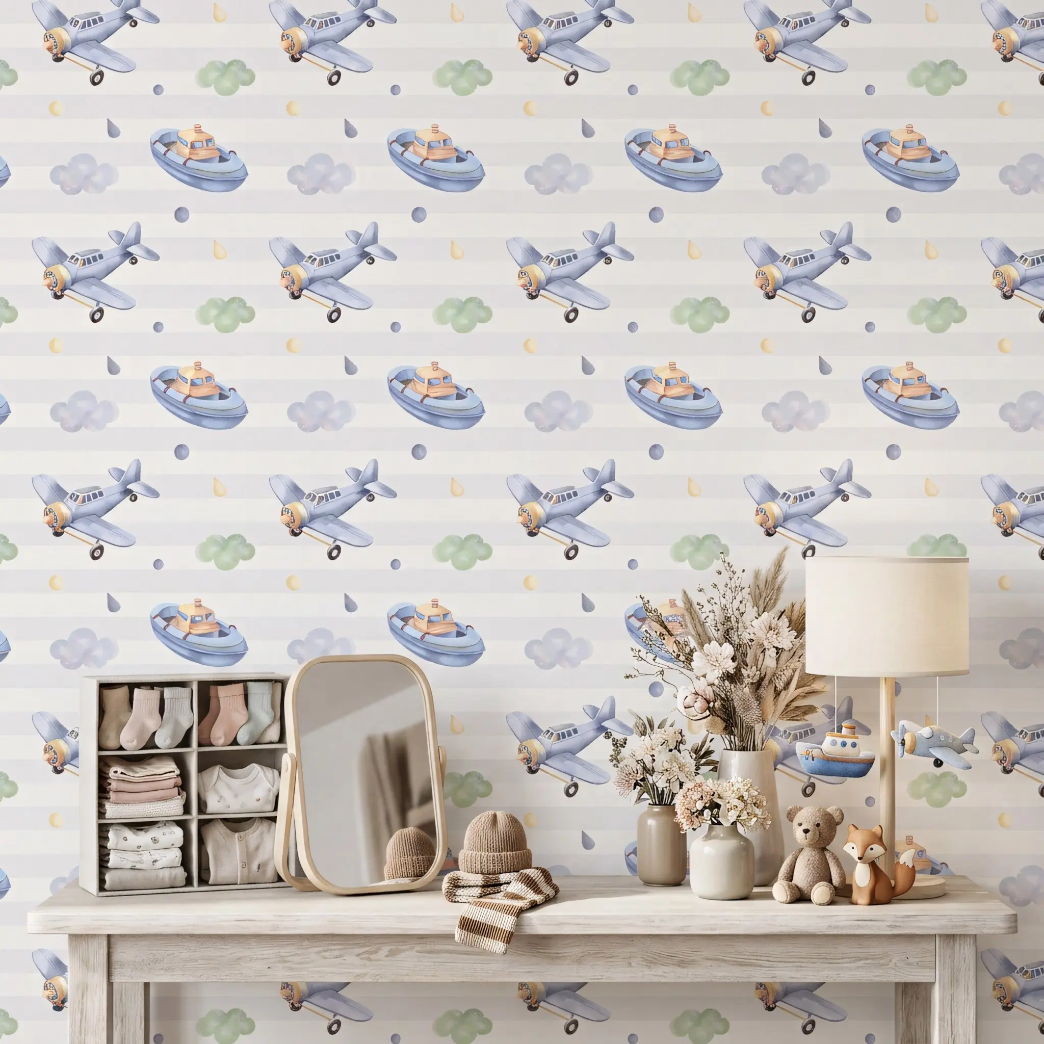 1 Roll 17.5in Width Watercolor Cartoon Airplane Boat Cloud Peel and Stick Wallpaper, Waterproof Easy to Cut Removable Self Adhesive Wall Decals for Kids Bedroom Nursery Playroom Bathroom Home Decor