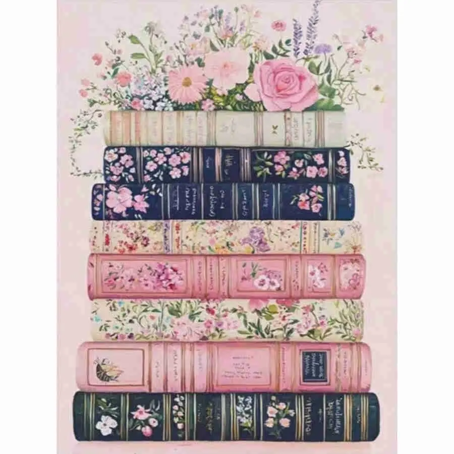 5D Diamond Painting Kit, Vintage Floral Pattern Stacked Books With Pink Roses Art Pattern, High Quality Full Round & Square Drill Rhinestone Mosaic Cross Stitch, DIY Handmade Wall Art Home Decor Gift, Diy Kits